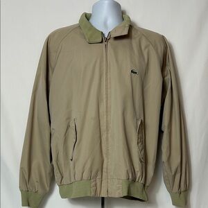Lacoste Men’s XL Beige Full Zip Front Lined Bomber Jacket Pockets Collar Logo